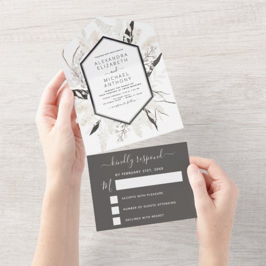 ボホ白黒ベージュボタニッ結婚クス オールインワン招待状 (貼ってはがせる)