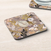 ボホ白黒金ゴールドピーチライン描リーフフローラ コースター (左側)