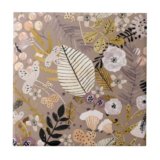 ボホ白黒金ゴールドピーチライン描リーフフローラ タイル (正面)