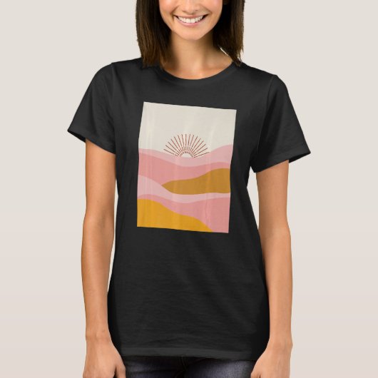 ボホ砂漠の夕日の波ピンク、オレンジ、C Tシャツ (正面)