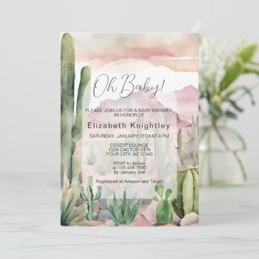 ボホ砂漠モダン自然サボテン赤ちゃんシャワー 招待状 (スタンド正面)