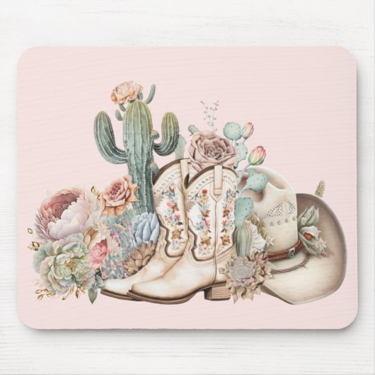 ボホ砂漠女性のカーボーイカウボーイブーツカウボーイハット マウスパッド (正面)