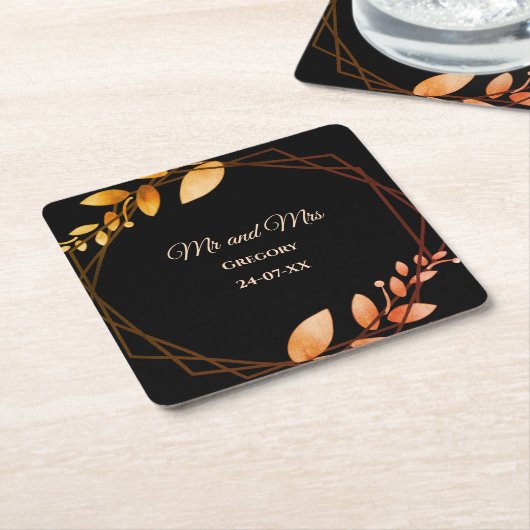 ボホ秋の植物金ゴールド結婚枠 スクエアペーパーコースター (アングル)