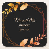 ボホ秋の植物金ゴールド結婚枠 スクエアペーパーコースター (正面)