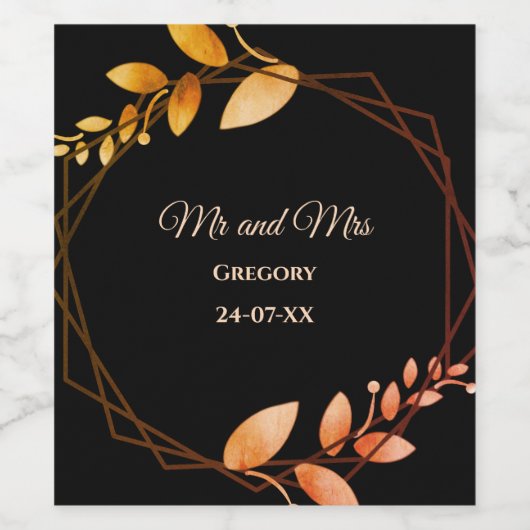 ボホ秋の植物金ゴールド結婚枠 ワインラベル (シングルラベル)