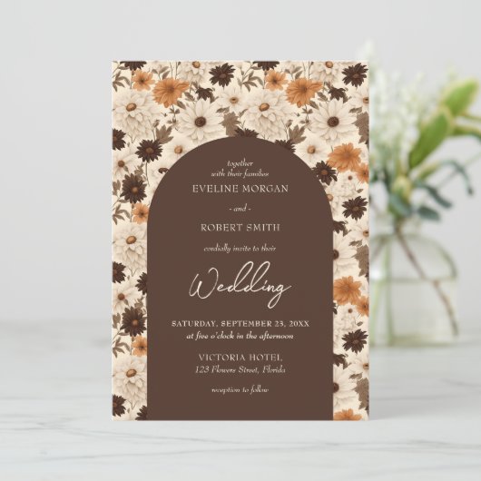 ボホ秋の茶色のほこりっぽいオレンジ色のアイボリーアーチ 招待状 (スタンド正面)