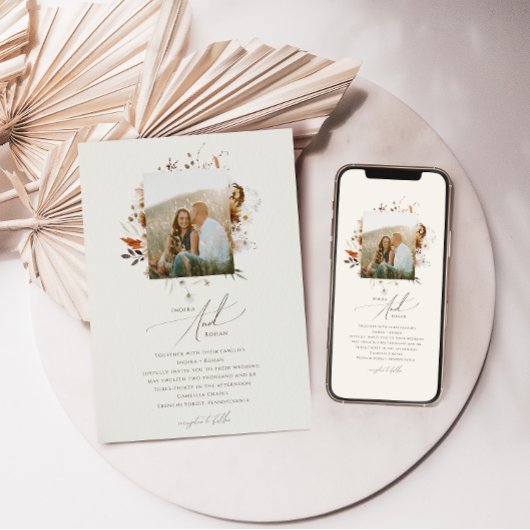 ボホ秋の野草 |ベージュフォト結婚ズ 招待状