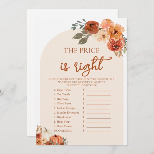 ボホ秋は正しい価格を推測ブライダルシャワーゲーム 招待状 (正面/裏面)