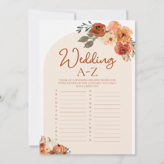 ボホ秋パンプキ結婚ンのA-Zブライダルシャワーゲーム 招待状 (正面)
