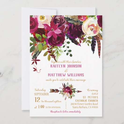 ボホ秋フローラアローブーケ結婚ス 招待状 (正面)