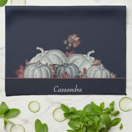 ボホ秋ブルーホワイトウォーターカラーカボチャ秋 キッチンタオル (折り畳み)
