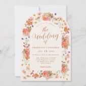 ボホ秋ワイルドフラワーアーチ燃えたオレンジ結婚の木 招待状 (正面)