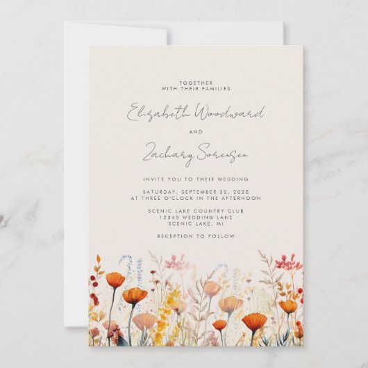 ボホ秋ワイルドフラワーウォーターカラー結婚フローラ 招待状 (正面)