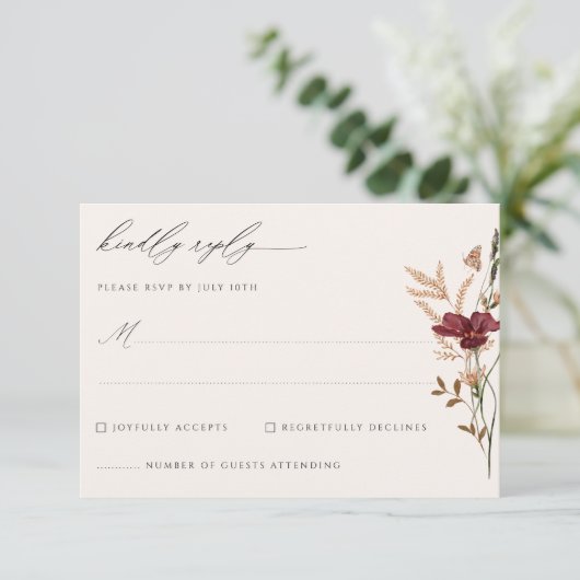 ボホ秋ワイルドフラワーヴィンテージウェディング 出欠カード (スタンド正面)