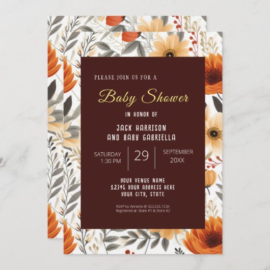 ボホ秋秋のフローラブラウンベビーシャワー 招待状 (正面/裏面)