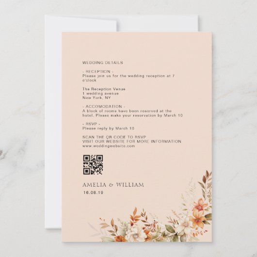 ボホ秋秋花模様結婚式招待状 招待状 (裏面)