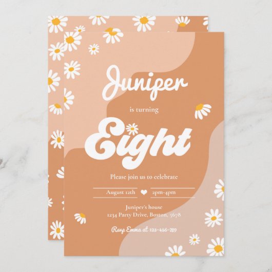 ボホ第8誕生日デイジーフローラGroovy 70のパーティー 招待状 (正面/裏面)