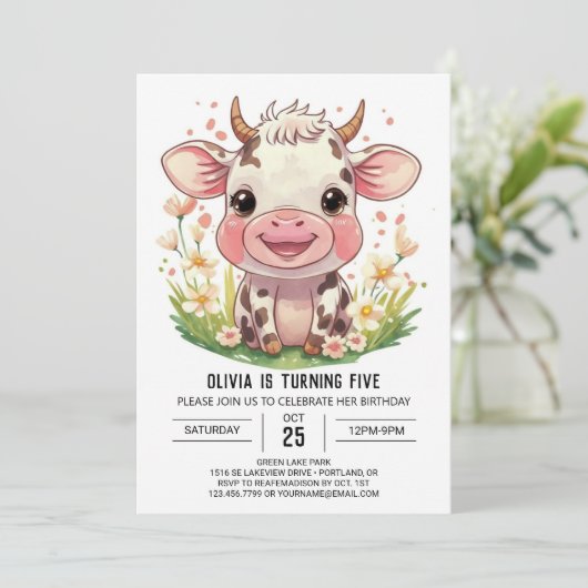 ボホ納屋周囲の庭ピンクカウズ誕生日 招待状 (スタンド正面)