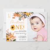 ボホ素朴なオレンジ色のヒマワリ写真1st birthday 招待状 (正面)