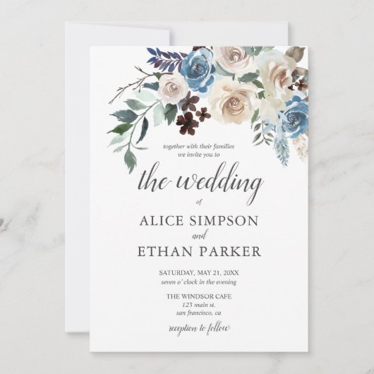 ボホ素朴ほこりっぽい青い花冬の結婚式 招待状 (正面)