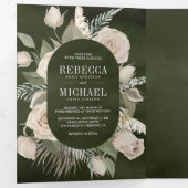 ボホ素朴アイボリーバラダークセージグリーン結婚ズ 三つ折り招待状 (内部最初)