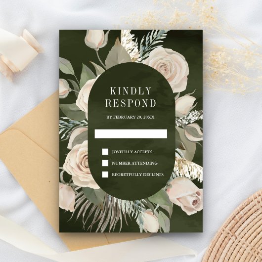 ボホ素朴アイボリーバラダークセージグリーン結婚ズ 出欠カード