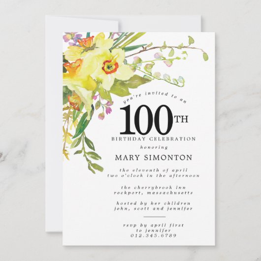 ボホ素朴イエローダッフォディル100誕生日 招待状 (正面)