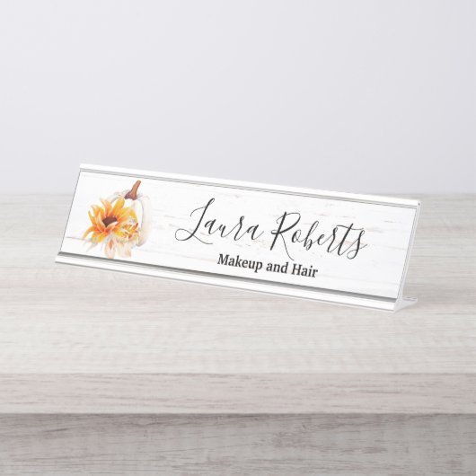 ボホ素朴ウッドウォーターカラーひまわりカボチャ デスクネームプレート (正面)