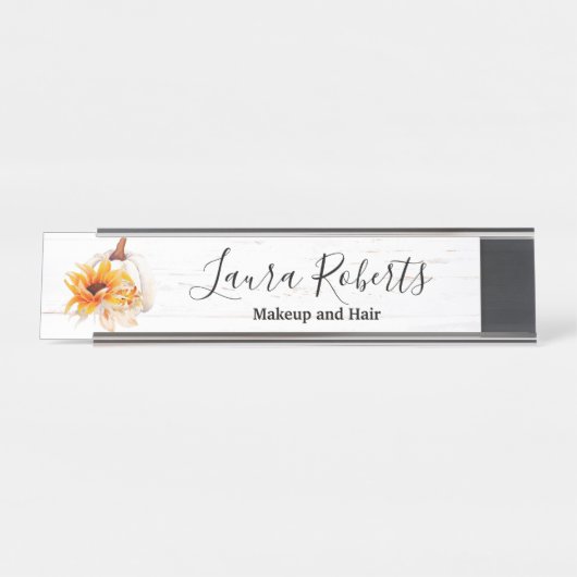 ボホ素朴ウッドウォーターカラーひまわりカボチャ デスクネームプレート (正面)