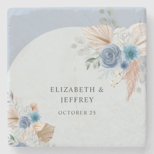 ボホ素朴エレガントダスティブルーパンパ結婚ス ストーンコースター (正面)