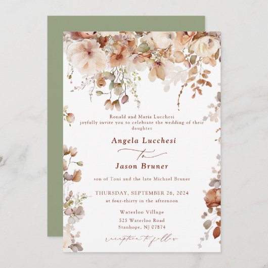 ボホ素朴ガーデン花結婚のQRコードインビタ 招待状 (正面/裏面)