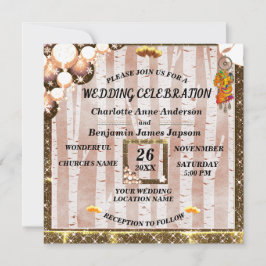 ボホ素朴ゴールデングリッター雪の結婚木  招待状