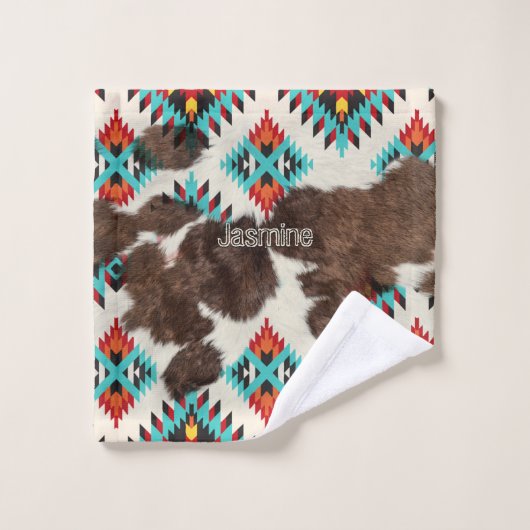ボホ素朴サウスウェスタン牛アステカ皮模様 バスタオルセット (ウォッシュタオル)