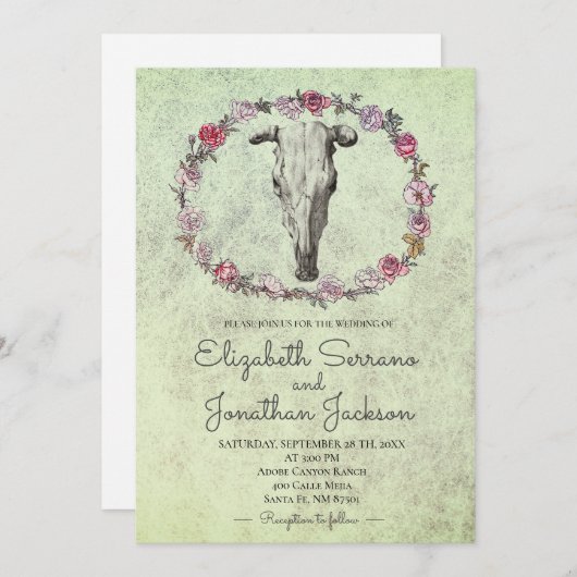 ボホ素朴サウスウエストカウズスカル&バラフローラ 招待状 (正面/裏面)