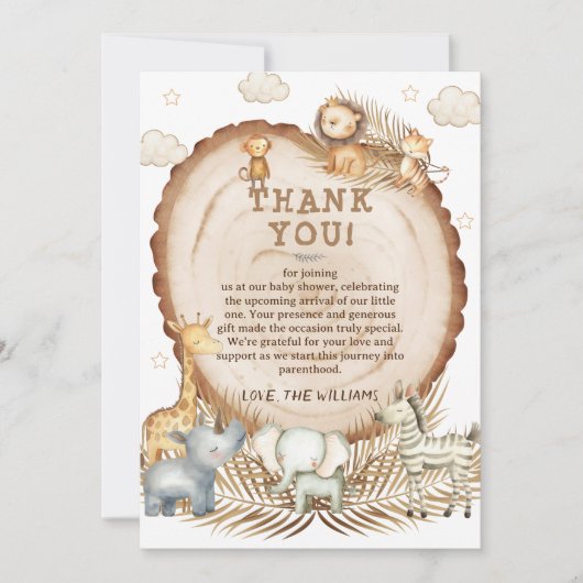 ボホ素朴サファリ動物の赤ちゃんシャワー サンキューカード (正面)