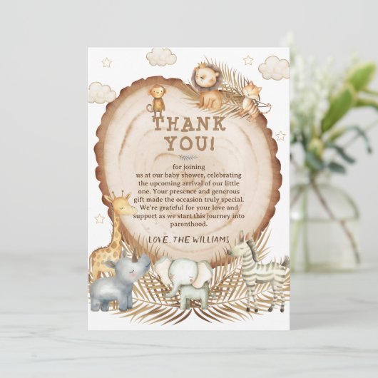 ボホ素朴サファリ動物の赤ちゃんシャワー サンキューカード (スタンド正面)