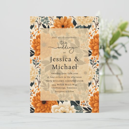 ボホ素朴シック秋の水の色のフローラ結婚 招待状 (スタンド正面)