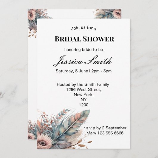 ボホ素朴シルバー&ピンクフローラブライダルシャワー 招待状 (正面/裏面)