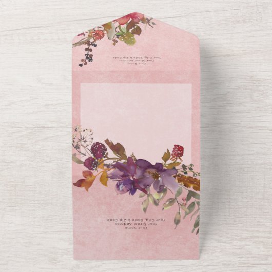 ボホ素朴ジュエルトーンピンク花模様QRコード オールインワン招待状 (外側)