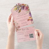 ボホ素朴ジュエルトーンピンク花模様QRコード オールインワン招待状 (貼ってはがせる)