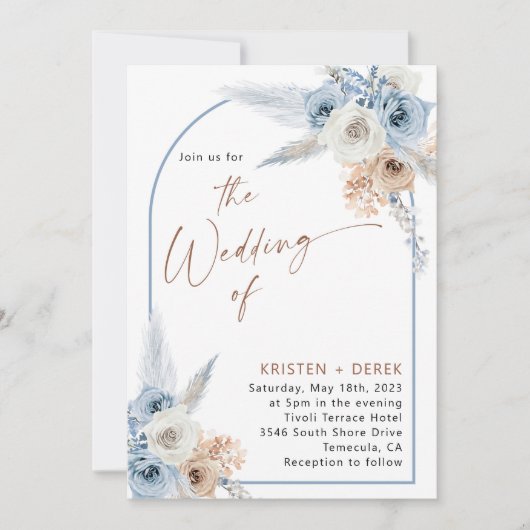 ボホ素朴ダスティブルーフローラアーチ結婚ーズ 招待状 (正面)