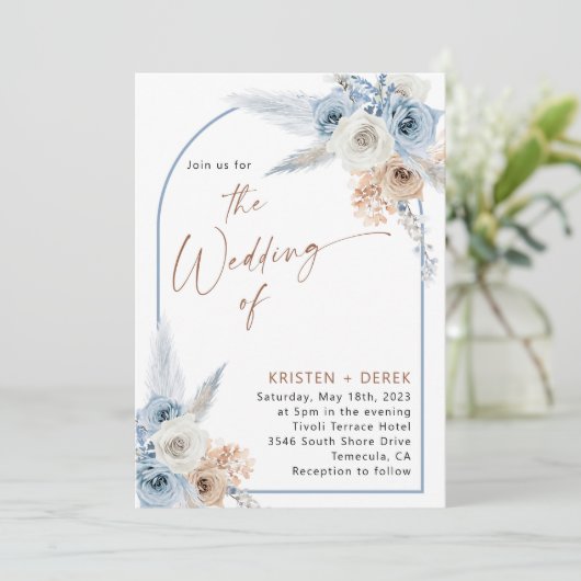 ボホ素朴ダスティブルーフローラアーチ結婚ーズ 招待状 (スタンド正面)