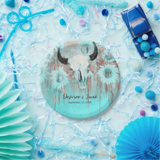 ボホ素朴ティール（緑がかった色）ウエスタンサンフラワーズブルスカル ペーパープレート (パーティー)