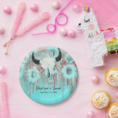 ボホ素朴ティール（緑がかった色）ウエスタンサンフラワーズブルスカル ペーパープレート (パーティー)