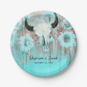 ボホ素朴ティール（緑がかった色）ウエスタンサンフラワーズブルスカル ペーパープレート (正面)