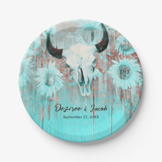 ボホ素朴ティール（緑がかった色）ウエスタンサンフラワーズブルスカル ペーパープレート (正面)