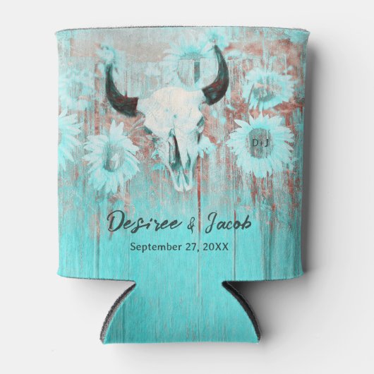 ボホ素朴ティール(緑がかった色)ウエスタンサンフラワーズブルスカル 缶クーラー (正面)