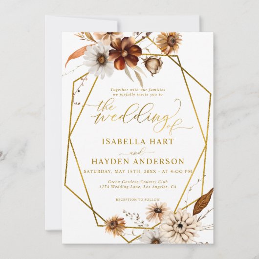 ボホ素朴テラコッタフローラ金ゴールドフレー結婚ム 招待状 (正面)