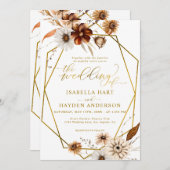 ボホ素朴テラコッタフローラ金ゴールドフレー結婚ム 招待状 (正面/裏面)