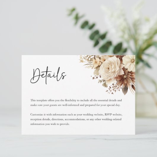 ボホ素朴ニュートラルフローラウェディング詳細カード エンクロージャーカード (スタンド正面)